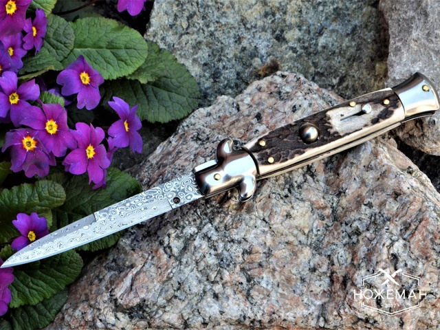 Итальянский стилет AKC 9 Damascus Stag Horn
